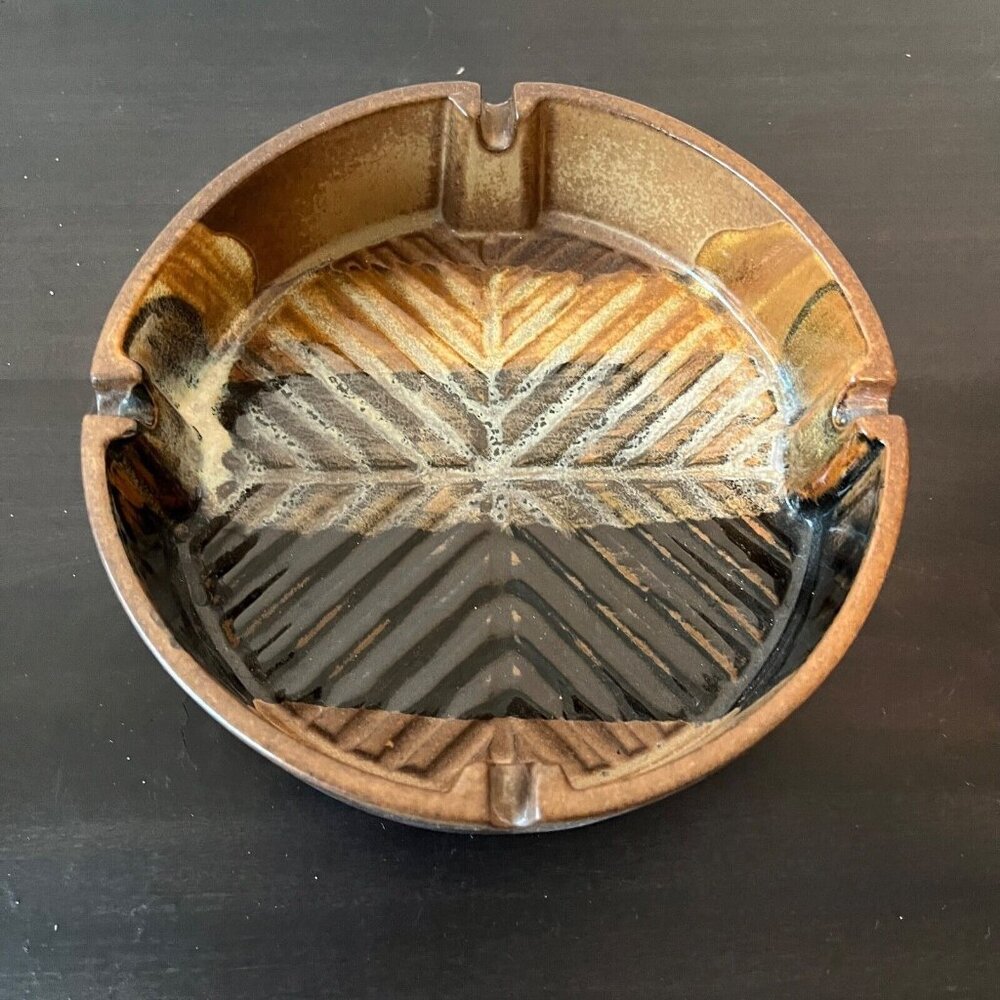 Pottery Craft Ceramic Ashtray 7" MCM Brown Black Vintage 1970s